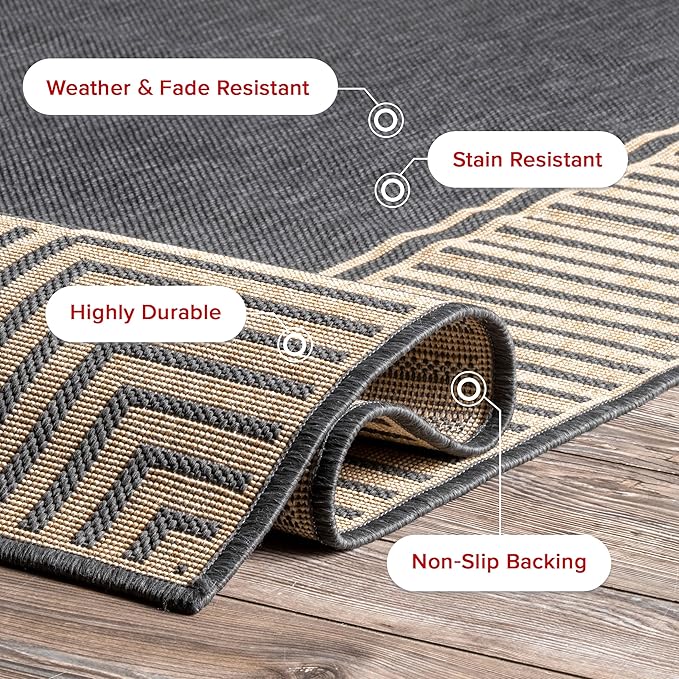 Nuloom Asha Dark Grey/Ivory, 3'6" x 5', Casual, Striped Border, Soft and Cozy, High Traffic, Stain Resistant, Easy Clean, Durable Area Rug for Indoor/Outdoor Patio, Deck, Porch, Garden, Courtyard