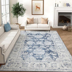 jinchan Fiora 6x9 Area Rug for Living Room Washable Soft Throw Rug Ultra-Thin Stain Resistant Non-Slip Distressed Vintage Floral Large Carpet for Bedroom, Home Office, Nursery(6x9ft, Dark Blue)