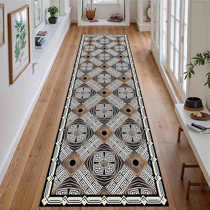 Classic Geometric Runner Rug, 4x12ft, Greek Key Print Runners Rugs, Vintage Moroccan Checkered Carpet, Cozy Short Pile No Crease Farmhouse Rugs for Living Room Laundry