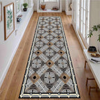 Classic Geometric Runner Rug, 4x12ft, Greek Key Print Runners Rugs, Vintage Moroccan Checkered Carpet, Cozy Short Pile No Crease Farmhouse Rugs for Living Room Laundry