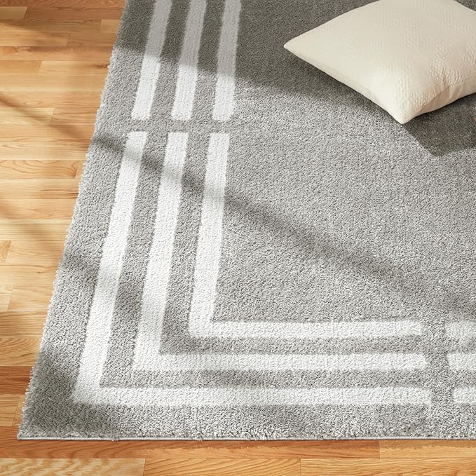 Town & Country Everyday Cloud Shag Plush Border Area Rug with High-Low Pile, Grey, 6'6"x9'6"