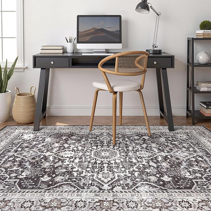 Black Rug Living Room Rugs: 10x14 Washable Boho Large Vintage Moody Soft Distressed Oriental Stain Resistant Non-Slip Indoor Floor Carpet for Bedroom Playroom Office Dining Room Retro Home House