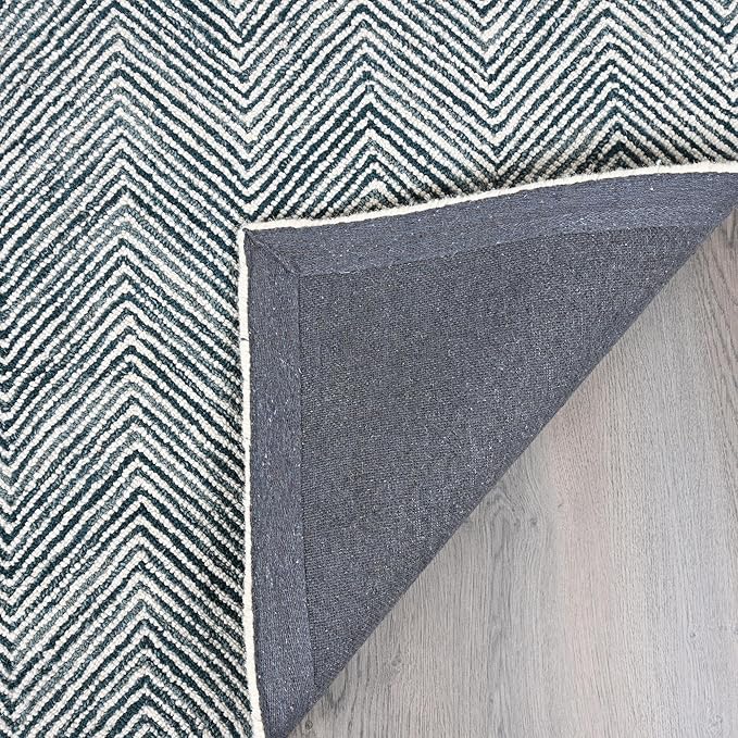 Modern Herringbone Chevron Collection Handcrafted Wool Area Rug - Durable, Zigzag Pattern, for High Traffic, Contemporary Design for Living Room, Bedroom, Dining Room Decor (Denim Blue, 7' x 7' sq)