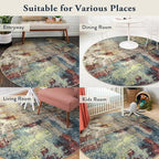 Lahome Modern Abstract Round Rug 5ft - Washable 5x5 Circle Rugs for Bedroom Dining Table Non Slip Non-Shedding, Soft Floor Carpet for Living Room Nursery Dorm Kitchen,Red/Multi