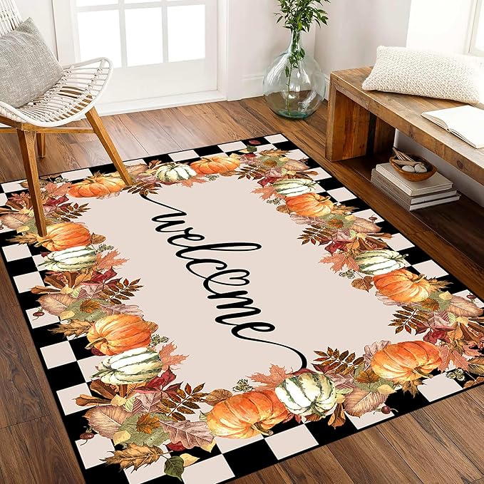 Checkered Area Rugs, 3x5ft, Black and White Check with Fall Leaves Pumpkin Autumn Harvest Carpet, Entrance Rubber Non Slip Breathable Fall Rug for Dining Room Laundry