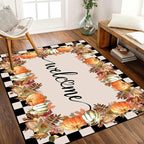 Checkered Area Rugs, 4x5ft, Black and White Check with Fall Leaves Pumpkin Autumn Harvest Carpet, Entrance Rubber Non Slip Breathable Fall Rug for Dining Room Laundry