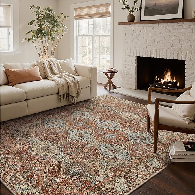 Bavni Clearance 5x7 Area Rugs for Living Room, Machine Washable Rug Non Slip, Vintage Chenille Distressed Print Carpet, Large Low Pile Ultra-Thin Lightweight Rugs for Bedroom, Dining Room, Spice Sky
