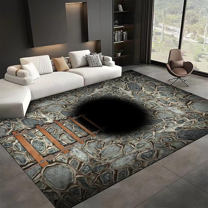 3D Deep Abyss Canyon Indoor Rug, 8x10ft, Stone Built Cave Wooden Ladder Carpet for Entryway, Durable Non-Shedding Pet Friendly Mats, Floor Decor Low Pile Easy Clean Rugs for Family