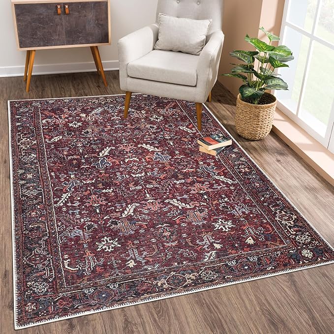 Bloom Rugs Washable Non-Slip 6' x 9' Rug - Burgundy Traditional Bordered Area Rug for Living Room, Bedroom, Dining Room, and Kitchen - Exact Size: 6' x 9'