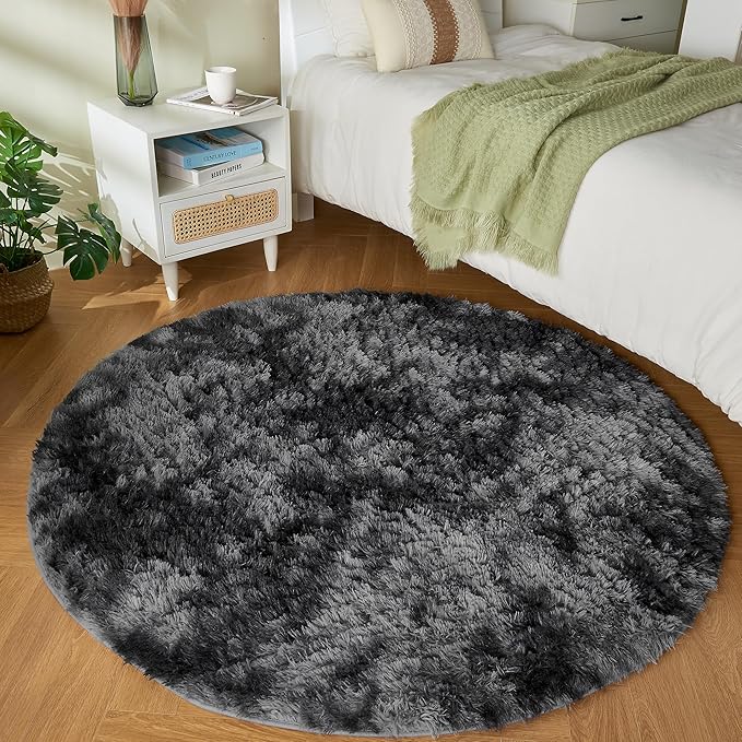 Andency Tie-Dyed Dark Grey Round Area Rug for Living Room, 5x5 ft Shag Rug for Bedroom, Fluffy Circle Carpet for Home Decor, Room, Fuzzy Plush Circular Rug for Dorm Playroom