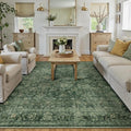 6x9 Washable Area Rug for Living Room Bedroom Green Vintage Distressed Rustic Carpet Non-Slip Low Pile Lightweight Vacuumable Soft Throw Rug for Indoor Dining Room Office