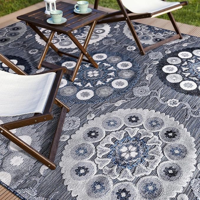 CAMILSON Indoor Outdoor Rug 5x7 Bohemian Medallion Floral Area Rugs for Indoor and Outdoor Patios Easy-Cleaning Non-Shedding Living Room Garden and Kitchen Washable Outside Carpet (5 x 7 / Navy)