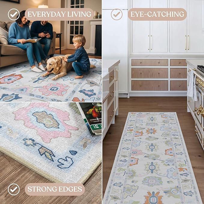 Fame Living Cream Oushak Rug, Modern Rugs, Vintage, Turkish, Eclectic, Floral, Pastel, Washable, Small Throw, Accent Area Rug for Living Room, Bedroom, Kitchen, Bathroom, 2'5"x4'9"