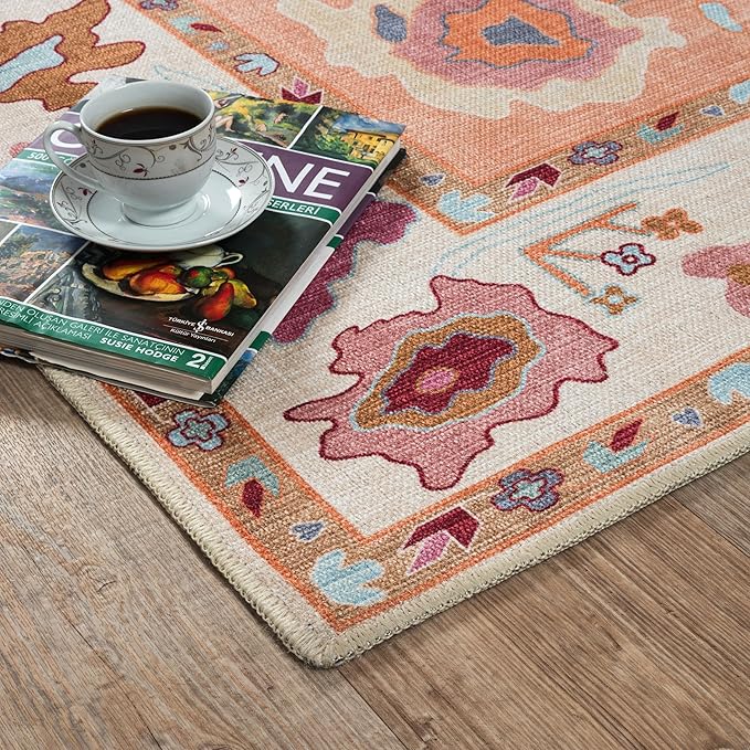 Fame Living Orange Oushak Rug, Modern, Vintage, Turkish, Eclectic, Floral, Pastel, Washable, Extra Large Area Rugs for Living Room, Dining, Bedroom, Lounge, 9'x12'