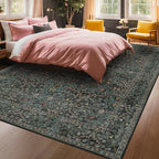 Washable Dark Green Rug for Living Room - 8x12 Large Area Rug for Dining Room Under Table, Bedroom, Soft Low Pile Non-Slip Stain Resistant Carpet - Vintage Floral Décor
