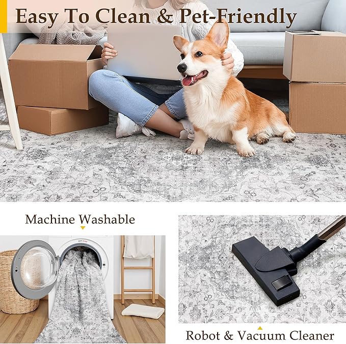 HUGEAR 2x3 Entryway Area Rug Vintage Grey Small Rug Machine Washable Door Mat Neutral Floral Low Pile Carpet Vacuumable Thin Throw Rug Entrance Kitchen Bathroom Bedroom Non Slip Lightweight