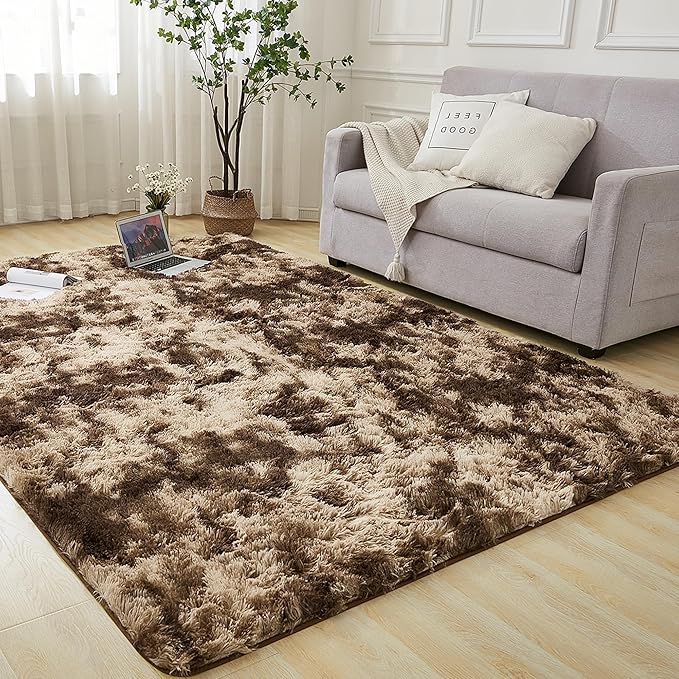 Andency Soft Area Rugs for Living Room Bedroom, 5x8 Fluffy Shaggy Bedside Rug, Non-Slip Large Shag Fuzzy Plush Carpets for Bedroom Kids Dorm Nursery Home Decor Aesthetic, Tie-Dyed Brown