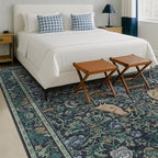 Washable 9x12 Area Rug for Living Room - Dark Blue Dining Rugs for Under Table, 9 by 12 Low Pile & Soft Boho Room Décor for Bedroom, Bird & Floral Design, Non-Slip