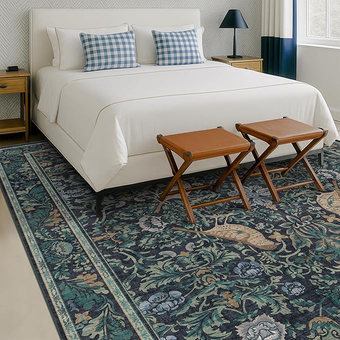 Washable 9x12 Area Rug for Living Room - Dark Blue Dining Rugs for Under Table, 9 by 12 Low Pile & Soft Boho Room Décor for Bedroom, Bird & Floral Design, Non-Slip