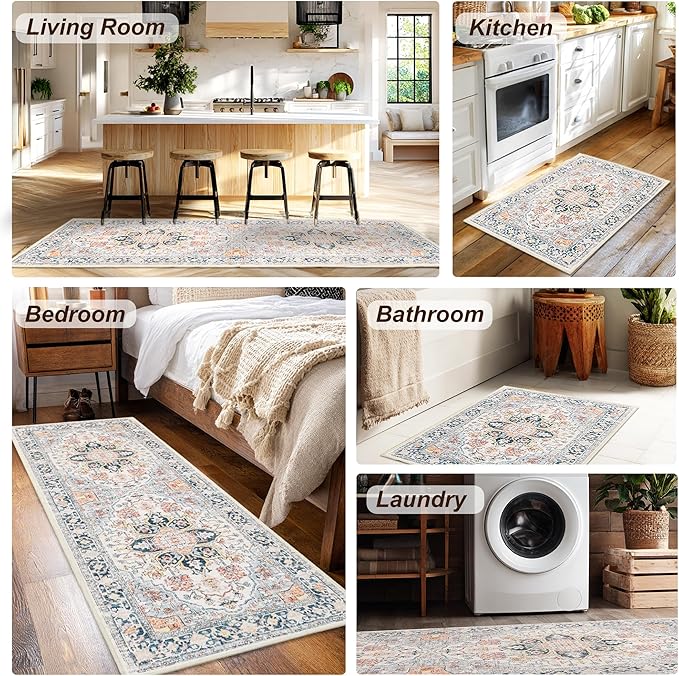 XWZO Entryway Area Rug 2x3ft — Soft Vintage Low Pile Non-Slip Door Floor Mat for Bedroom Bathroom Kitchen Laundry, Spill Resistant Washable Small Indoor Carpet for Doorway Entrance, Colorful