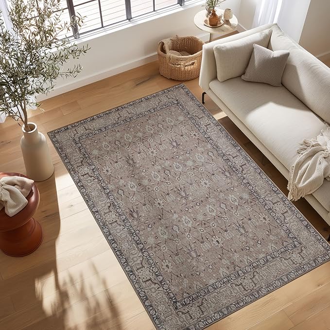 Kuden 5x7 Area Rug, Machine Washable Area Rug with Non-Slip Backing, Vintage Style, Soft, Easy Clean, Low Pile Rug for Living Room, Bedroom, Dining Room