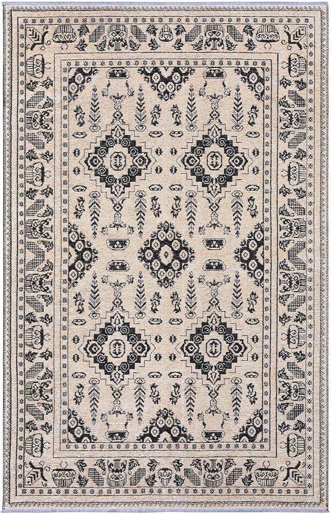 Alfa Rich 5x8 Beige Black Washable Area Rugs for Living Room Bedroom Kitchen Dining Cotton Rug