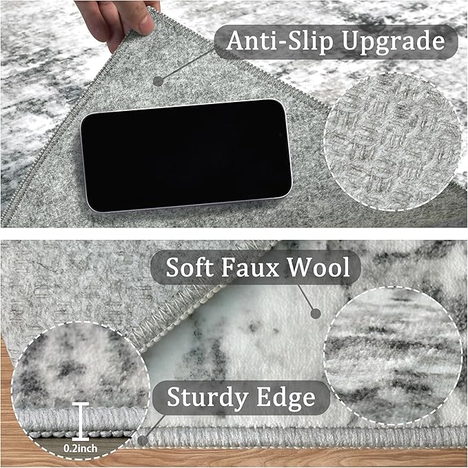 4x6 Machine Washable Area Rug for Living Room, Grey Modern Vintage Abstract Rug Large Non-Slip Low Pile Soft Faux Wool Carpet, Kids and Pets Friendly for Bedroom Dining Room Farmhouse Home Decor Rug