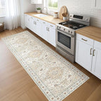 Runner Rug Kitchen Washable Rugs: 3x8 Non-Slip Boho Soft Vintage Stain Resistant Indoor Floor Neutral Farmhouse Throw Carpet for Hallway Bathroom Laundry Room Entryway Bedroom- Cream