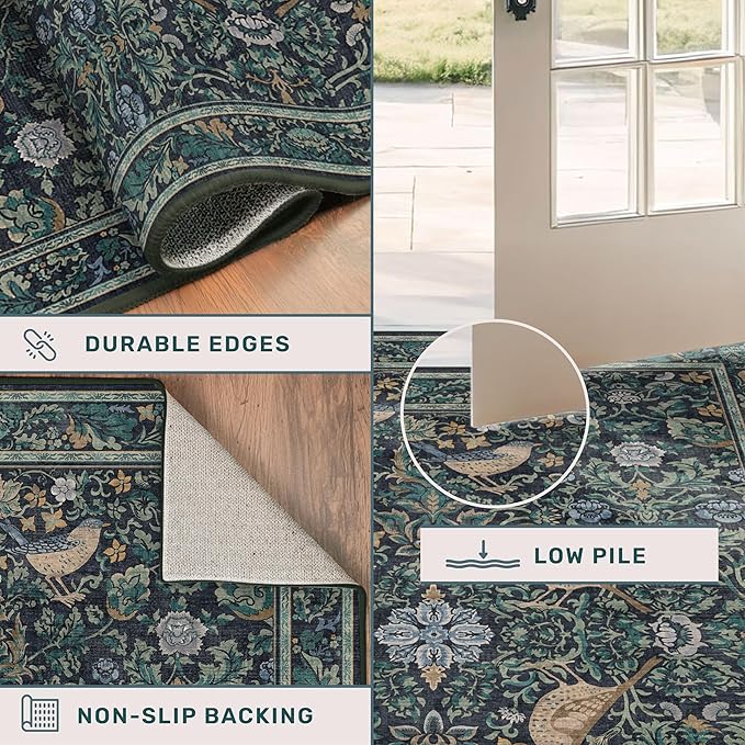 Washable Floral Small 2x3 Dark Blue Entryway Rugs Indoor, Botanical Bird Kitchen Floor Mats, Non-Slip & Soft Boho Carpet for Bathroom, Low Pile Stain Resistant Throw Rugs Bedroom