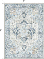 5x7 Area Rugs for Living Room, Machine Washable Rug, Non Slip Vintage Rugs, Low Pile Lightweight Print Rug for Bedroom, Dining Room, Home Office, Blue