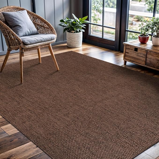 CAMILSON Easy Jute Rug 6x9, Indoor Outdoor Brown Color Fiber Area Rugs for Living Room Patio and Kitchen Rug, Solid Boho Woven Design, Easy-Cleaning, Washable Outside Carpet Alfombras (6 x 9)