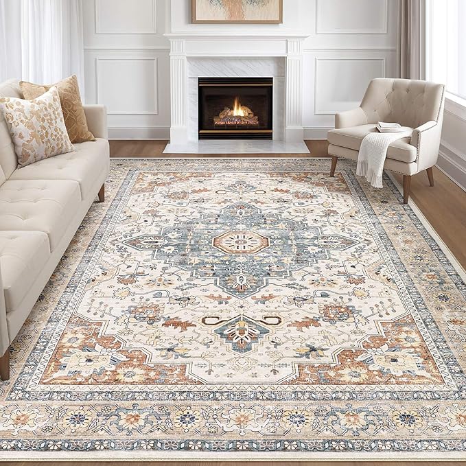 8x12 Area Rugs Living Room: Washable Boho Large Neutral Vintage Soft Rug Stain Resistant Distressed Farmhouse Non-Slip Indoor Floor Carpet for Bedroom Nursery Kids Office Dining Room- Beige Blue