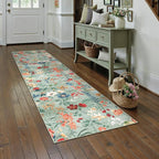 Floral Runner Rug 2x8 Washable Hallway Long Green Bedroom Carpet Non Slip Indoor Boho Kitchen Low Pile Accent Rug Lightweight Soft for Bathroom Dining Laundry Living Room