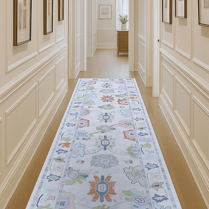 Fame Living Cream Oushak Runner Rug, Modern Runners, Vintage, Turkish, Eclectic, Floral, Pastel, Washable, Long Runner Rugs for Hallway, Kitchen, Living Room, Bedroom, Kitchen, Bathroom, 2'5"x13'