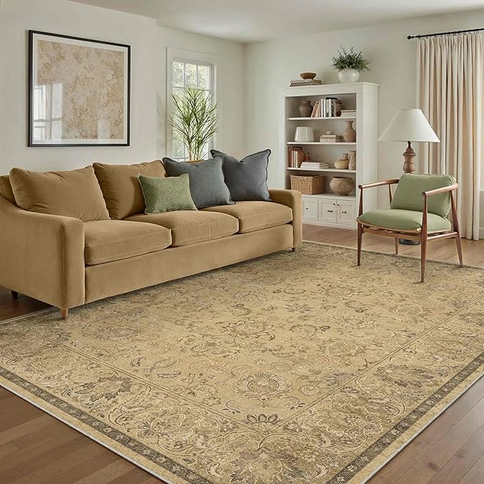 HUGEAR 8x10 Machine Washable Area Rugs Vintage Brown - Neutral Living Room Bedroom Rug Non Slip Stain Resistant Low Pile Aesthetic Throw Carpet Kids & Pet Friendly