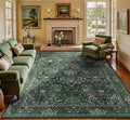 8x10 Floral Washable Area Rug for Living Room, Vintage Boho Large Rugs for Bedroom Dining Room, Botanical Birds Non Slip Low Pile Forest Throw Carpet for Farmhouse Office, Retro Green/Blue