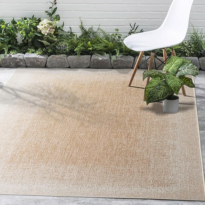 FH Home Outdoor Rug - Waterproof Easy to Clean Stain Resistant - Patio Indoor Outdoor Porch Deck Balcony Entryway - Ombre Modern - Dhruva - Beige - 5ft 2in x 7ft 6in
