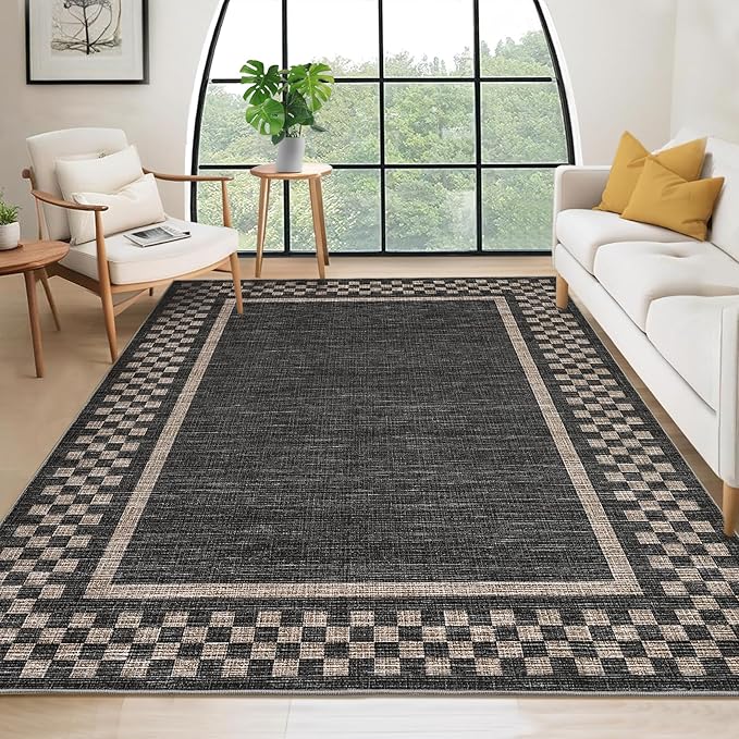 GarveeHome Area Rug 10x13 Living Room Rug Modern Bordered Soft Large Area Rugs for Bedroom Washable Checkered Dining Room Throw Carpet Non Slip Stain Resistant Geometric Rugs for Home Office, Black