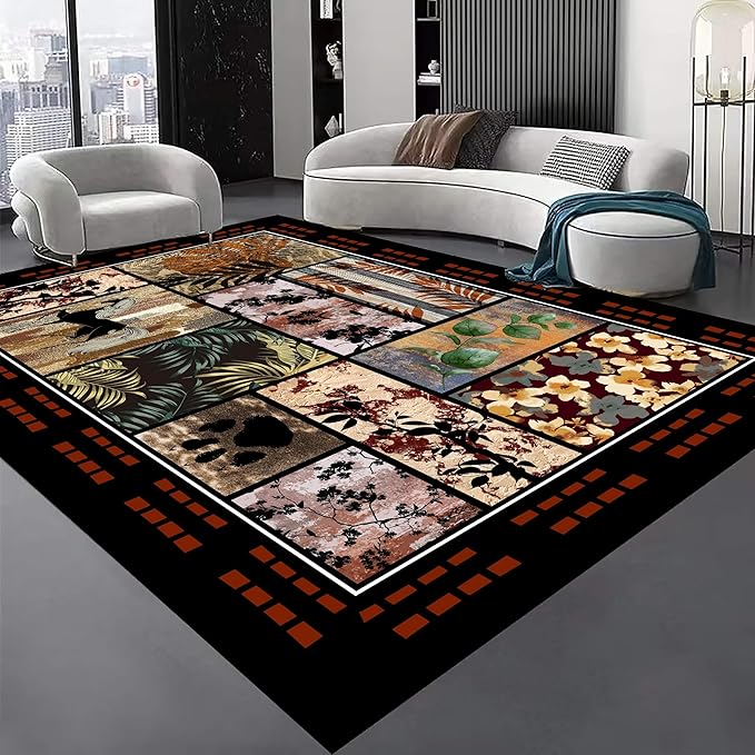Rustic Cabin Area Rug 7x10ft, Animal & Moroccan Plaid Pattern Vintage Boho Carpet, Stain-Resistant Pet-Friendly & Non-Slip Low Pile for Living Room, Bedroom, Dining Room