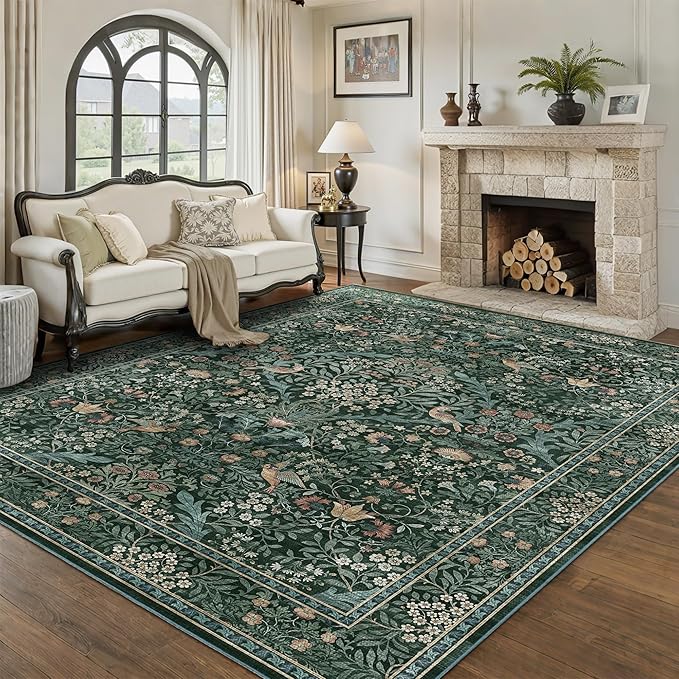 5x7 Floral Washable Area Rug for Living Room, Vintage Boho Rugs for Bedroom Dining Room, Botanical Birds Non Slip Low Pile Forest Throw Carpet for Farmhouse Office, Retro Green/Blue
