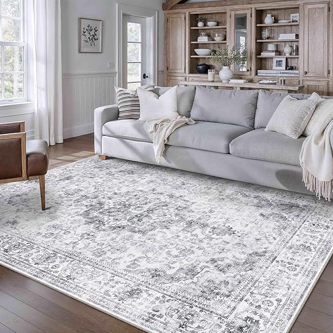 HUGEAR Washable 5x7 Area Rugs Retro Grey Living Room Bedroom Rug Vintage Distressed Non Slip Stain Resistant Low Pile Neutral Throw Carpet for Home Decor