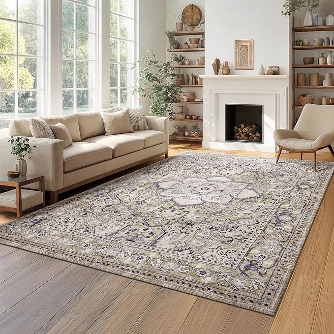 PURRUGS Vintage Farmhouse Boho Large Area Rug 8x10 ft, Non-Slip Machine Washable Rug, Accent Oriental Rug for Living Room, Dining Room, Bedroom, Entryway and Kitchen, Taupe/Vanilla