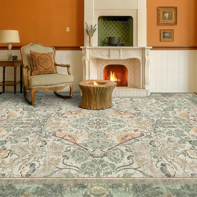 Washable Living Room Rug 6x9 - Sage Floral Nature Rugs for Bedroom, Dining Room Kitchen Table Rug for Under Table, Office, Stain Resistant Non-Slip Large - Sage Green