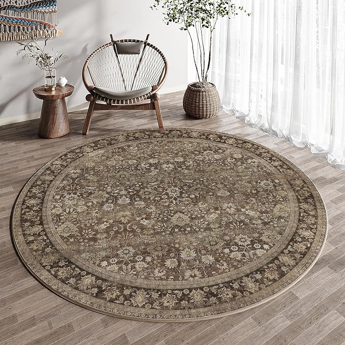 HUGEAR Round Rug 5ft Entryway Rugs Machine Washable Brown Hallway Area Rug 5x5 Small Circle Accent Rug Floral Low Pile Carpet Soft Throw Rug Living Room Office Laundry Room Entrance Non Slip