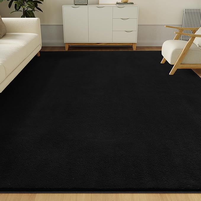 Solid Washable Area Rug - 8x10 Medium Pile Faux Cashmere Carpet for Living Room Bedroom, Black