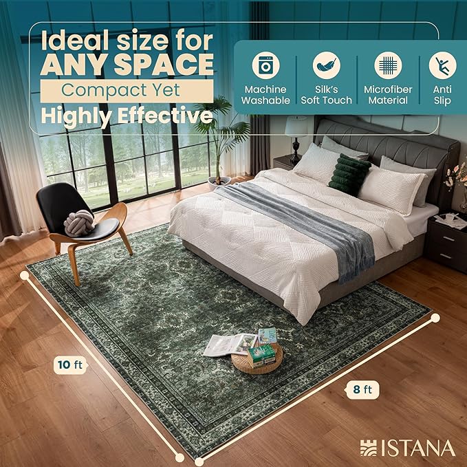 Istana 8x10 Area Rug - Dark Green 8x10 Rugs for Living Room - Foldable Rugs for Bedroom - Stain Resistant Washable Rug - Eco-Friendly Area Rugs - Easy to Clean Living Room Rug