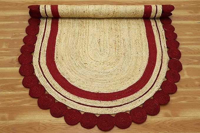 9x12 Oval Jute Rug – Natural Hand Braided Jute, Handmade Boho Flatweave, 0.27" Thick Solid Red Beige Oval Rug for Living Room, Dining, and Bedroom Use