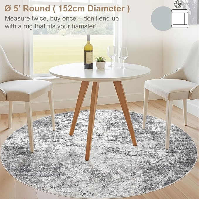 5ft Round Area Rug Living Room Rugs - 5x5 Washable Neutral Modern Abstract Soft Thin Rug Indoor Floor No Slip Rug Carpet for Bedroom Under Dining Table Home Office Decor - Grey
