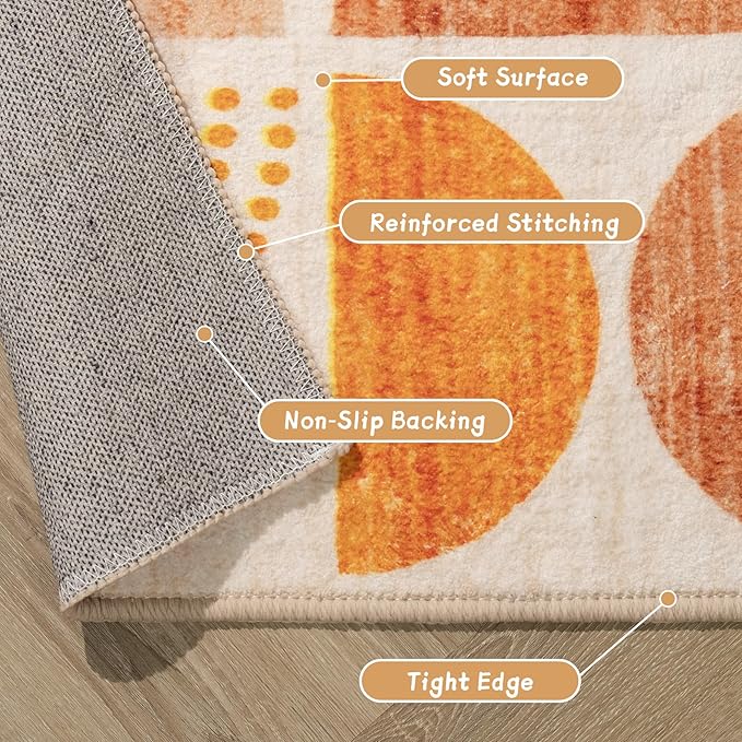 MUJOO Boho Runner Rug Washable,2x8 Area Rugs for Hallways Kitchen Bedroom Entryway Bathroom,Non Slip Carpet Long Mat Indoor,Soft Modern Abstract Bohemian Orange