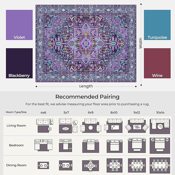 Kokia 6x9 Washable Area Rugs Violet Purple with Vintage Orient Design Soft Rug for Living Room or Home Office Non-Slip Low Pile Stain Resistance Features Distressed Medallion Pattern